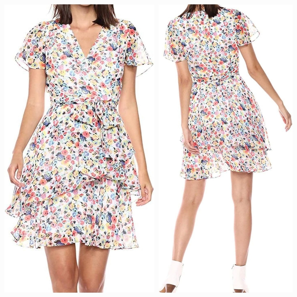 TAHARI Floral Multi-Color Wrap Dress